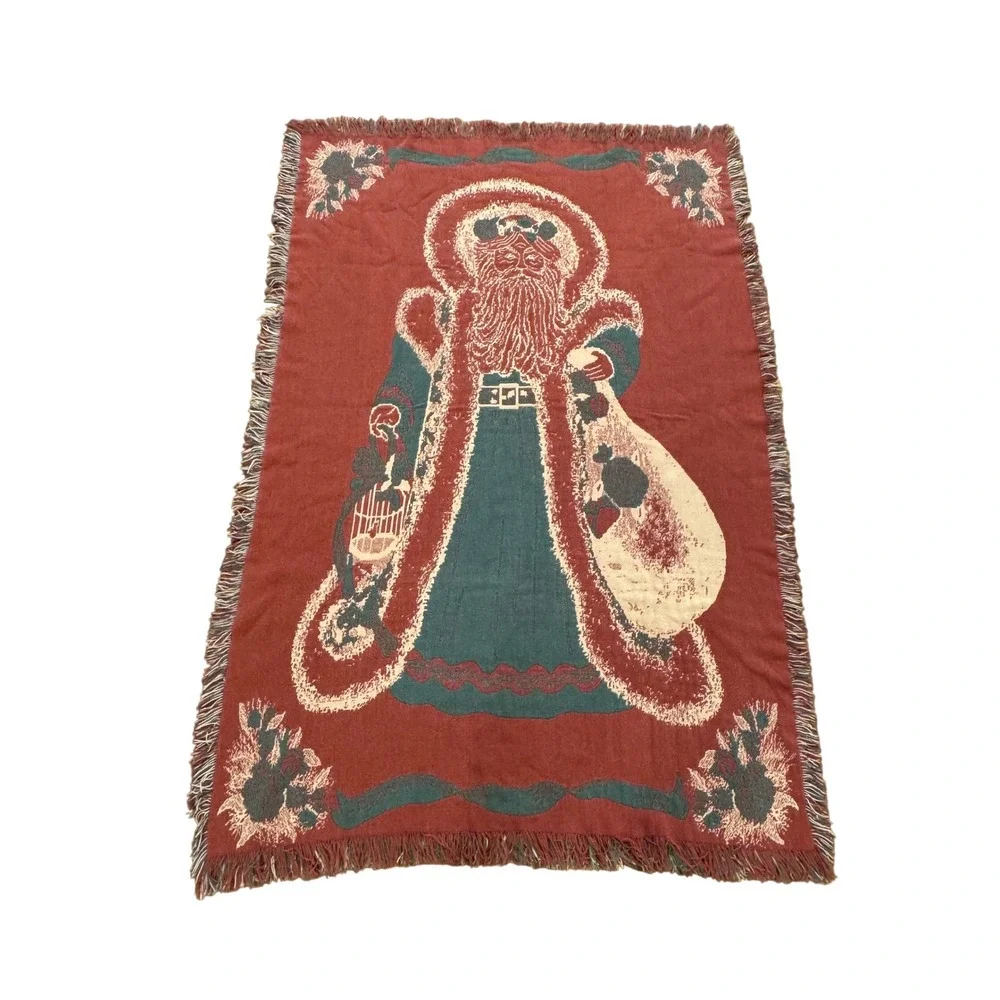 Vintage Woven Santa Claus Christmas Tapestry Throw Blanket Fringed Red Green